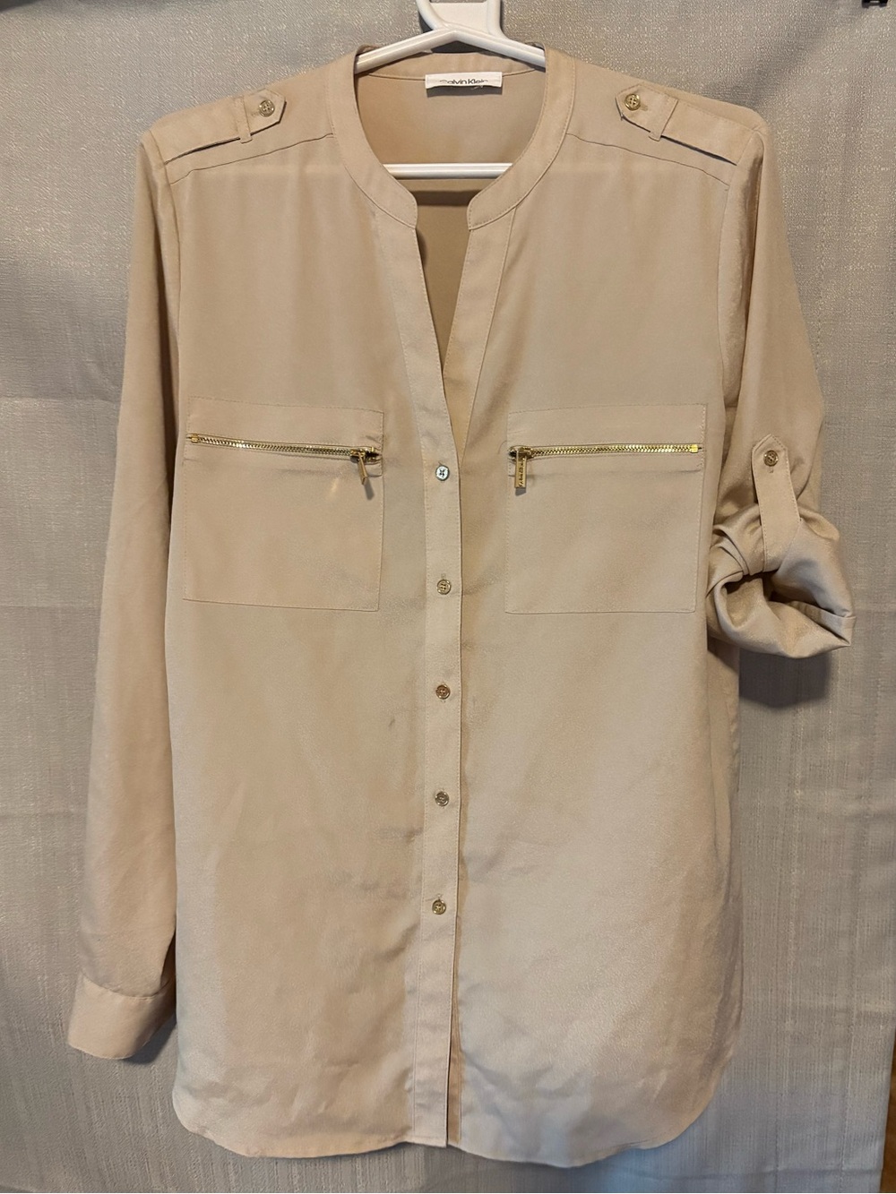 Women's Cream Button-Front Utility Blouse Jacket with Gold Zippers Women’s Large